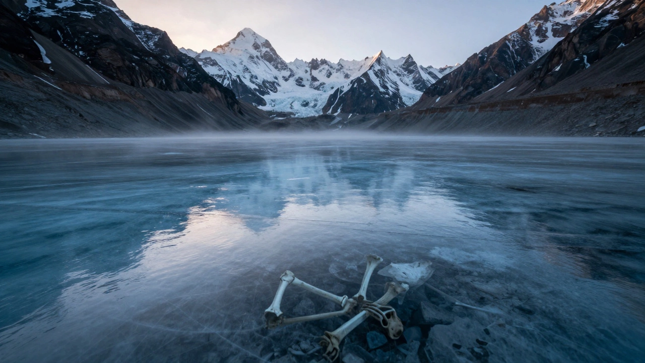 Frozen Roopkund Lake with mysterious skeletal remains in the ice