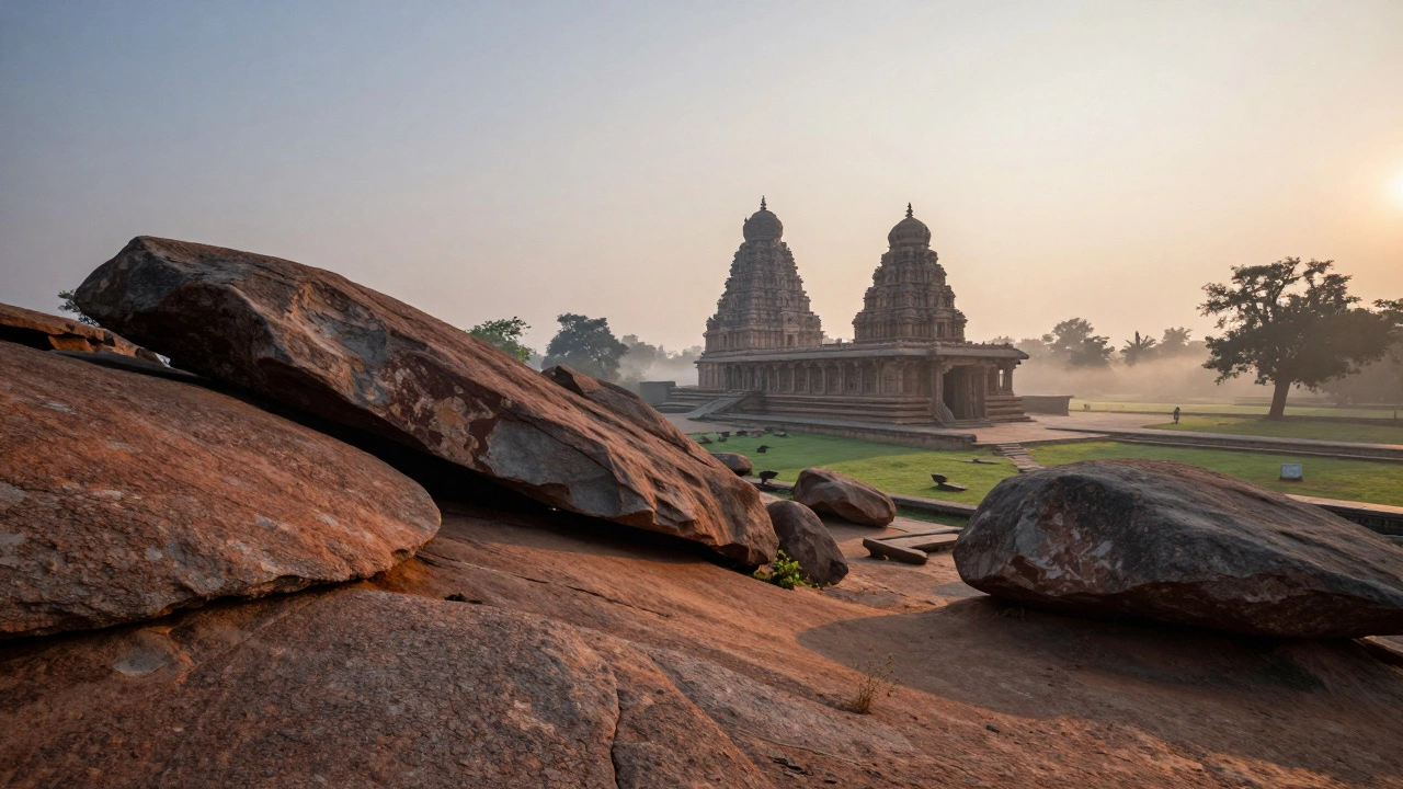 Granite boulders and temple ruins in Hampi at sunrise