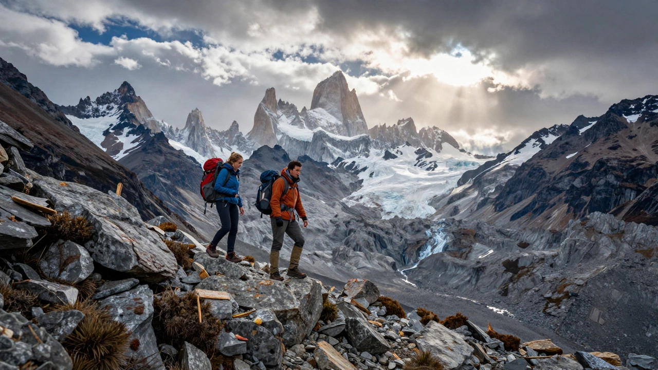 Hiking couple standing on a mountain ridge with dramatic peaks in background