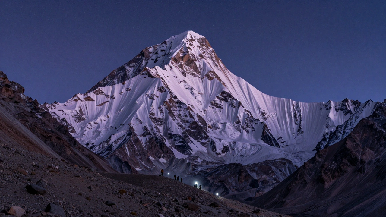 Majestic Stok Kangri peak in Ladakh with climbers ascending