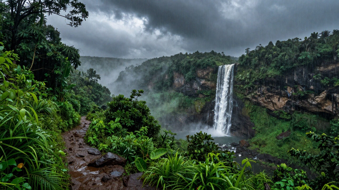 Rainy waterfall and misty green forest in Western Ghats