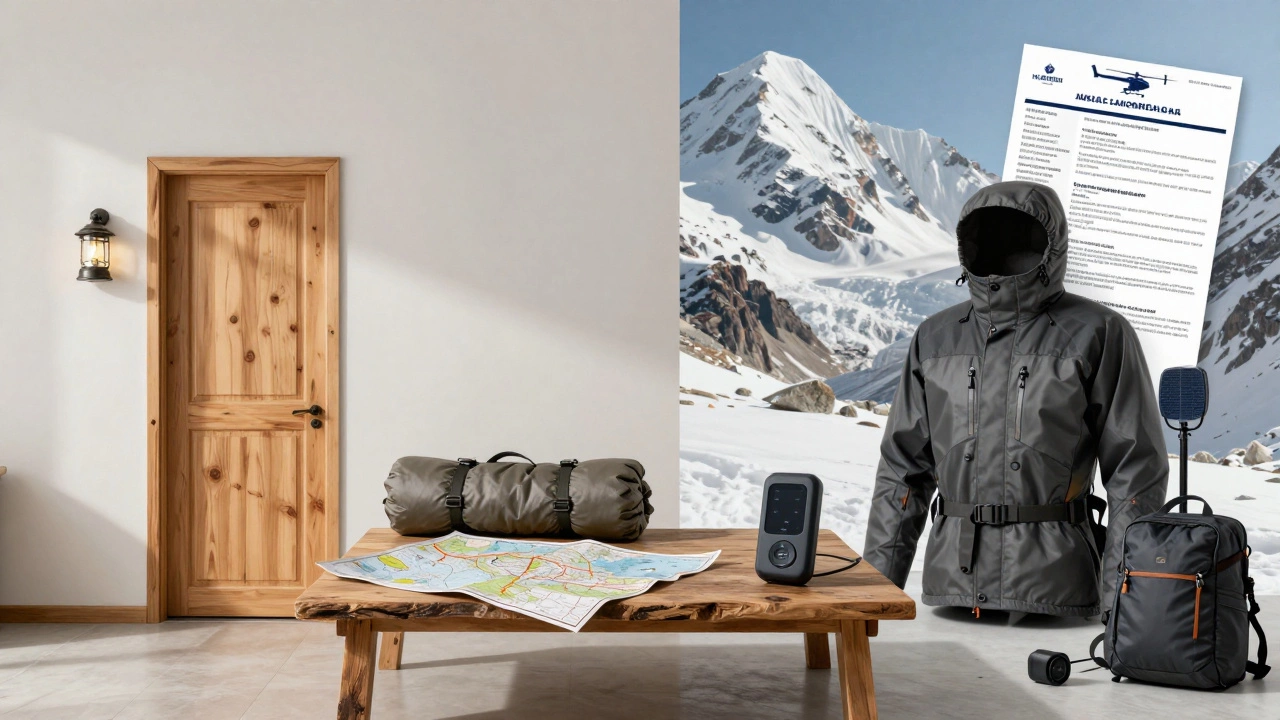 Split image comparing budget homestay gear vs high-end expedition equipment
