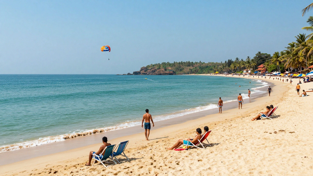 Sunny Goa beach with tourists and clear blue ocean water