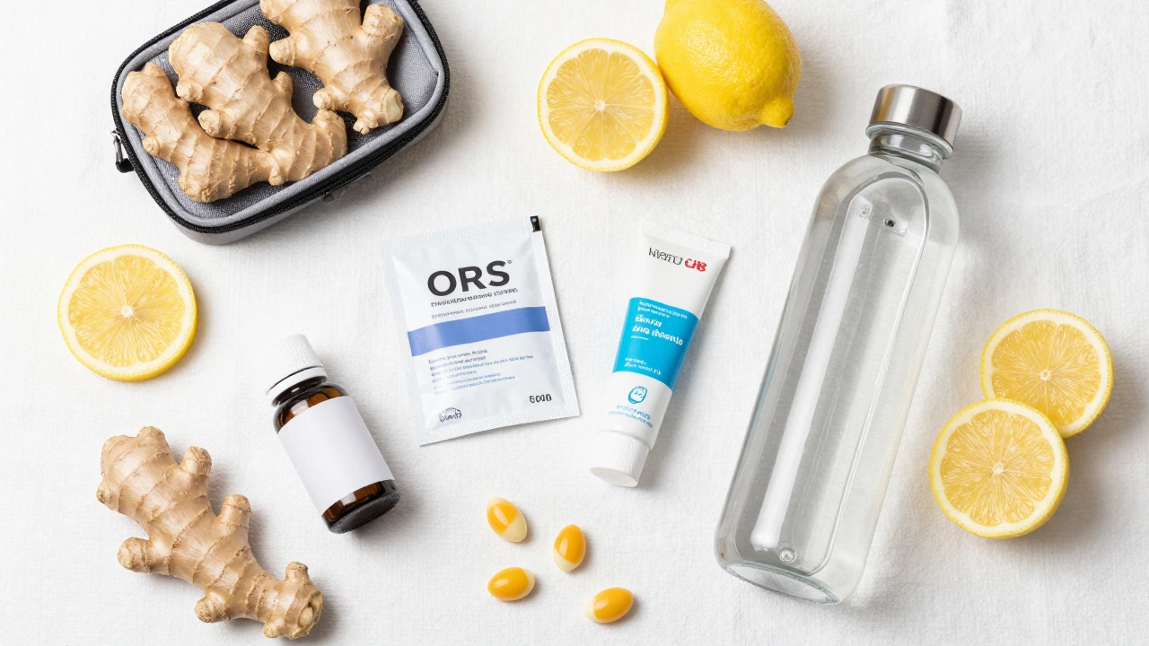 Travel health kit with probiotics, ORS, and ginger on white cloth