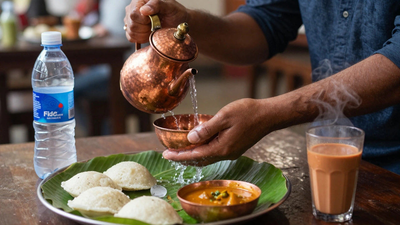 Traveler washing hands and drinking sealed water before eating idli