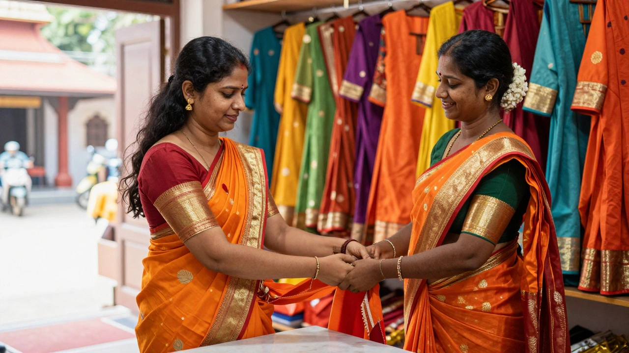 Woman renting a traditional saree at a South Indian temple counter