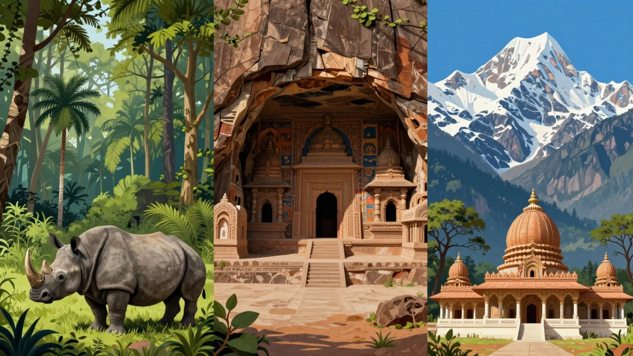 Collage of Indian heritage: rhino in forest, cave paintings, mountains