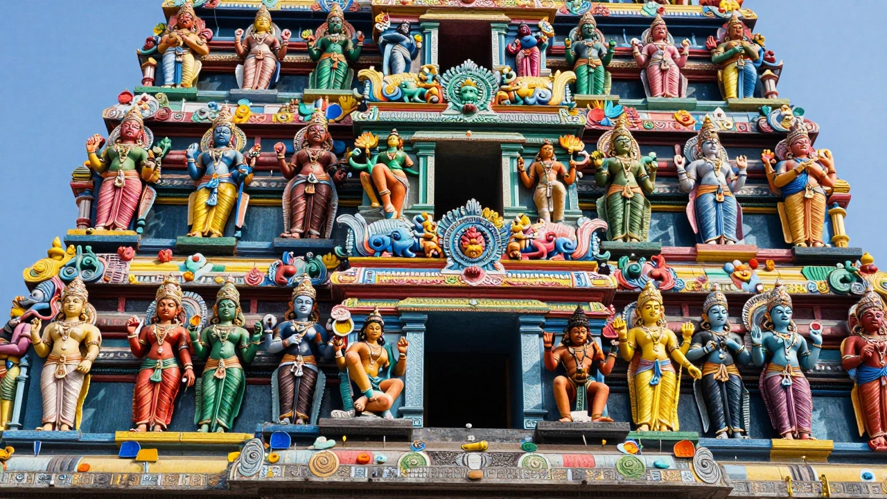 Colorful detailed sculptures on Meenakshi Amman Temple gopuram towers