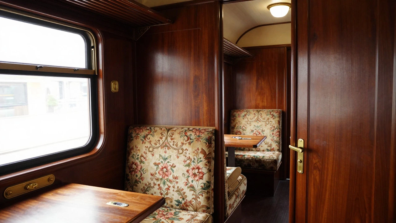 Compact vintage train cabin with ornate brass fittings and dark wood paneling