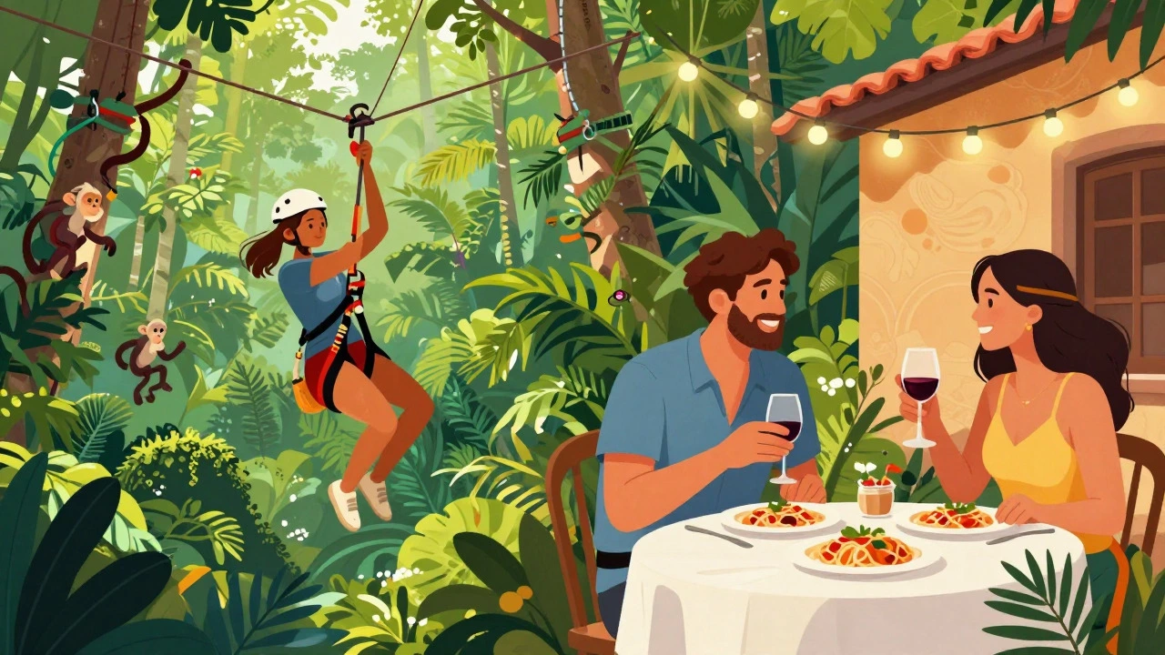 Couple zip-lining in jungle and dining in Italy during honeymoon
