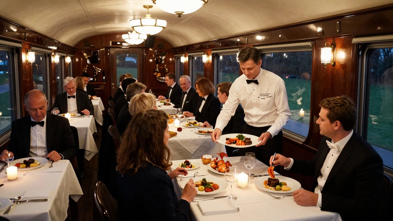 Elegantly dressed guests dining formally in a luxury train dining car