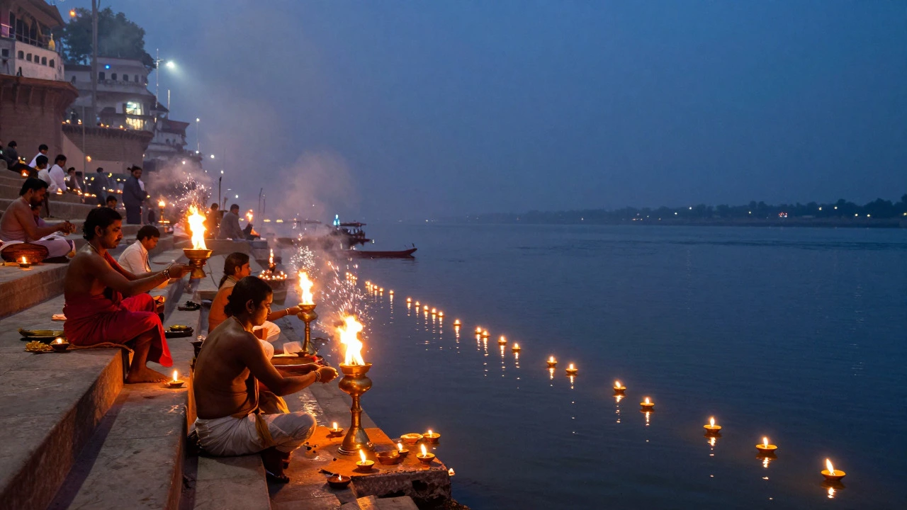 Floating lamps and fire ceremony on Ganges
