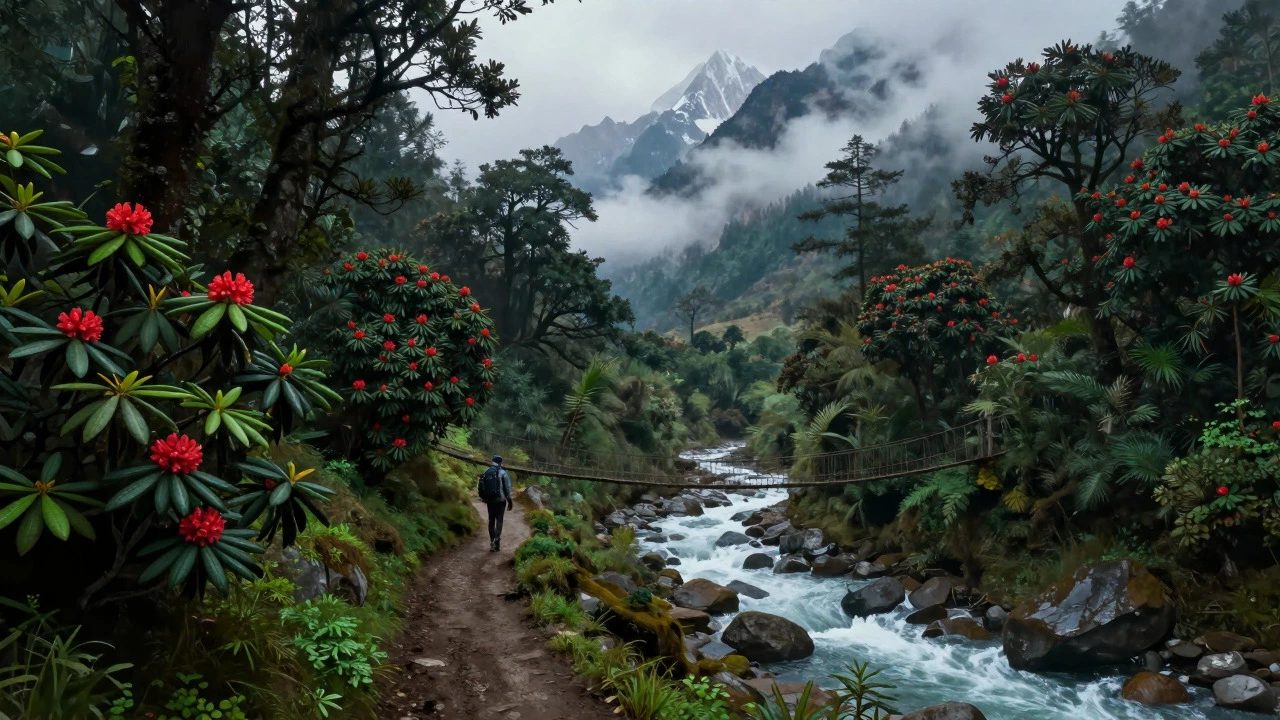 Hiker crossing suspension bridge in lush Nepalese rainforest