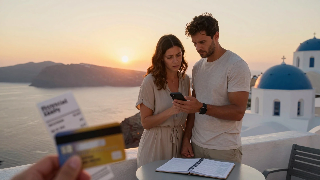 Newlyweds checking phone expenses on a scenic balcony at sunset