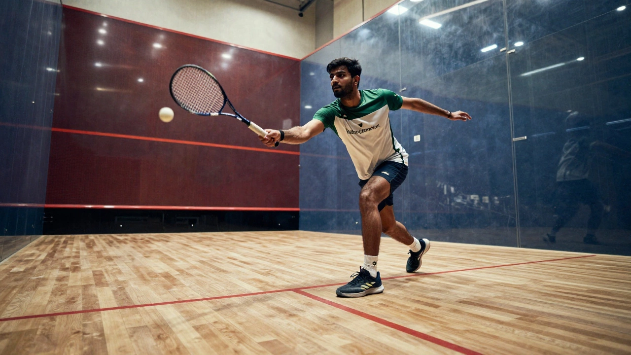 Pakistani squash player hitting ball in intense indoor court action