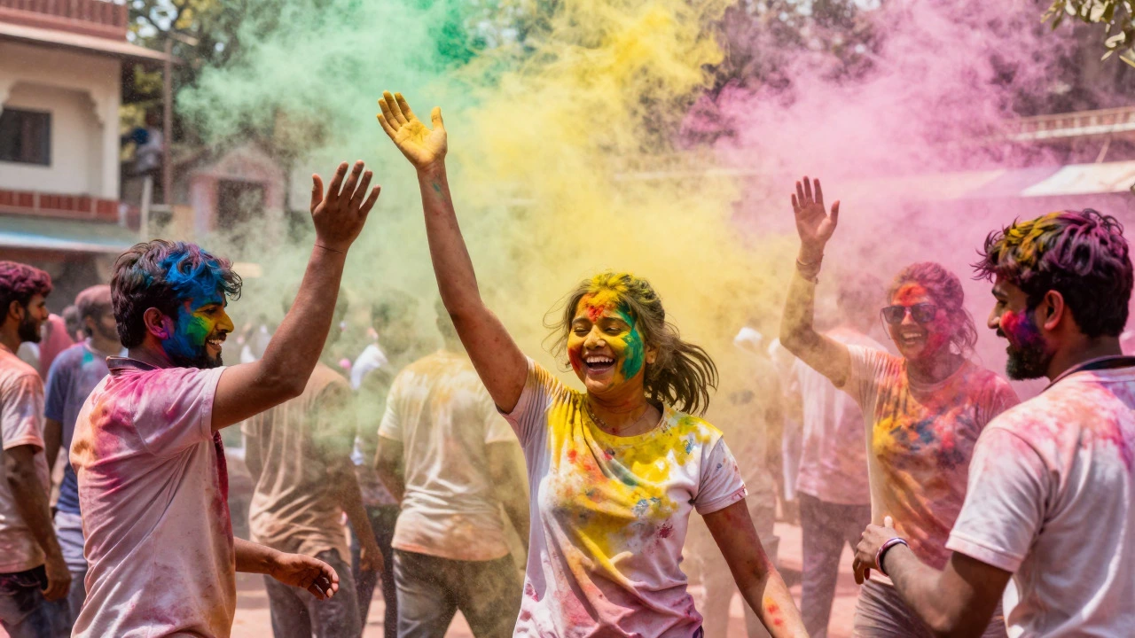 People celebrating Holi with colored powder