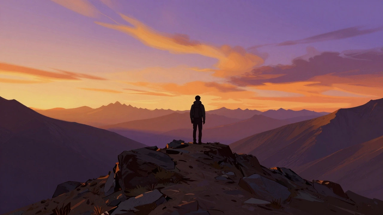Silhouette of hiker on mountain ridge overlooking vast horizon