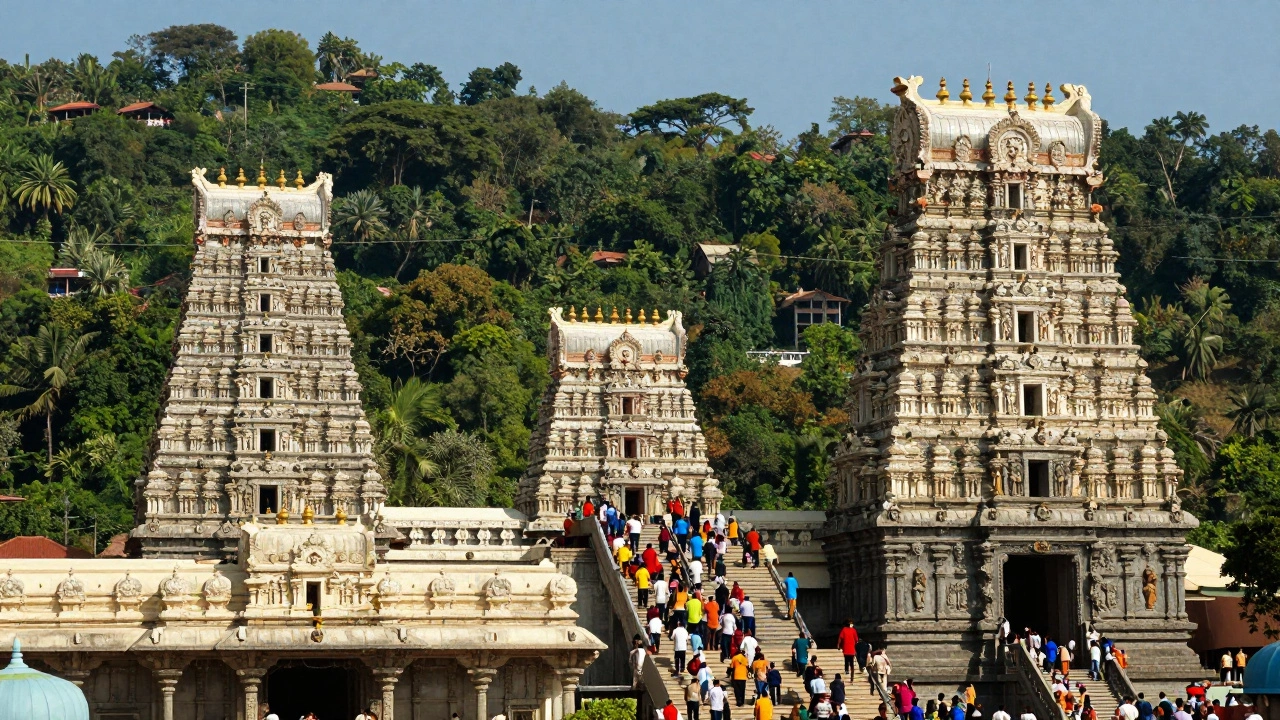 Sri Venkateswara Temple on Tirumala hills with crowds of pilgrims ascending
