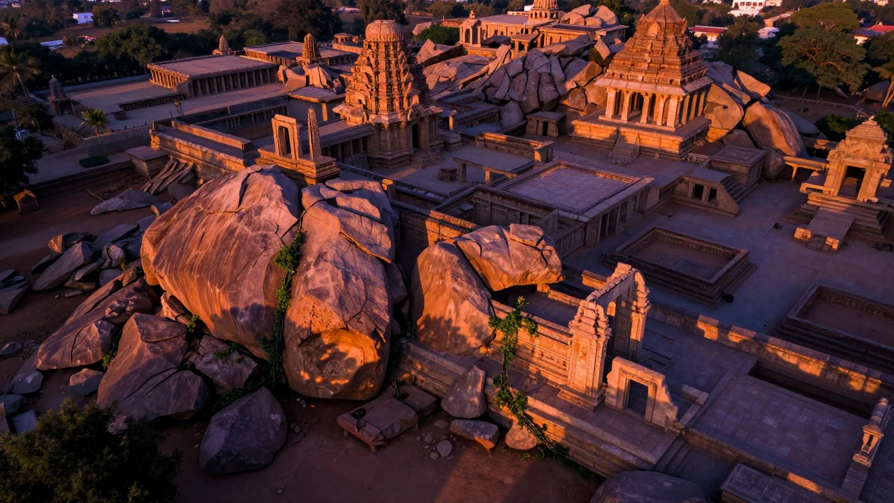 Aerial view of Hampi ruins with granite boulders glowing in sunset light