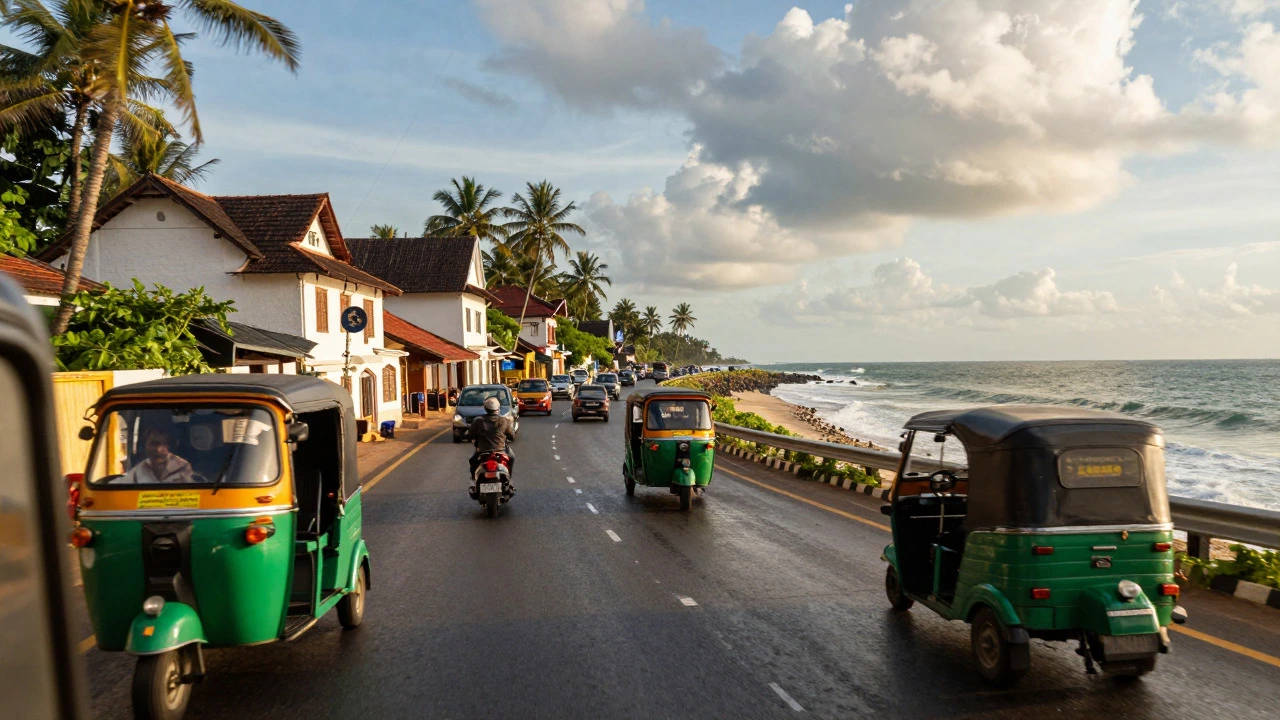 Busy coastal highway in Kerala with traffic and ocean views