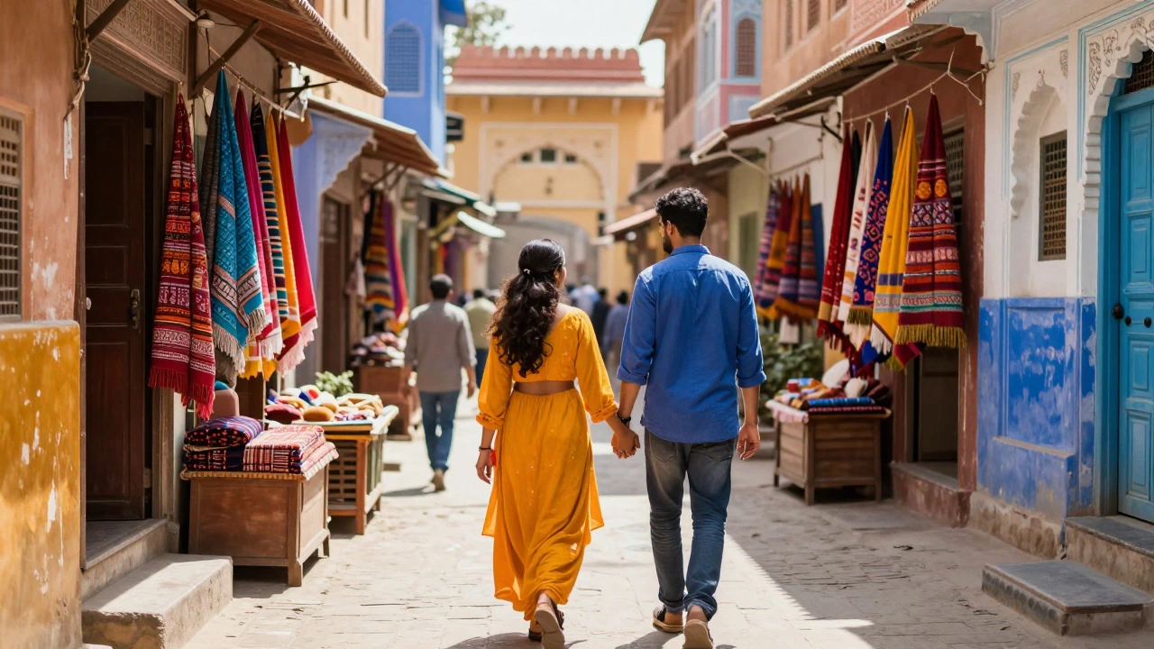 Couple walking hand-in-hand through colorful streets of a historic Indian city