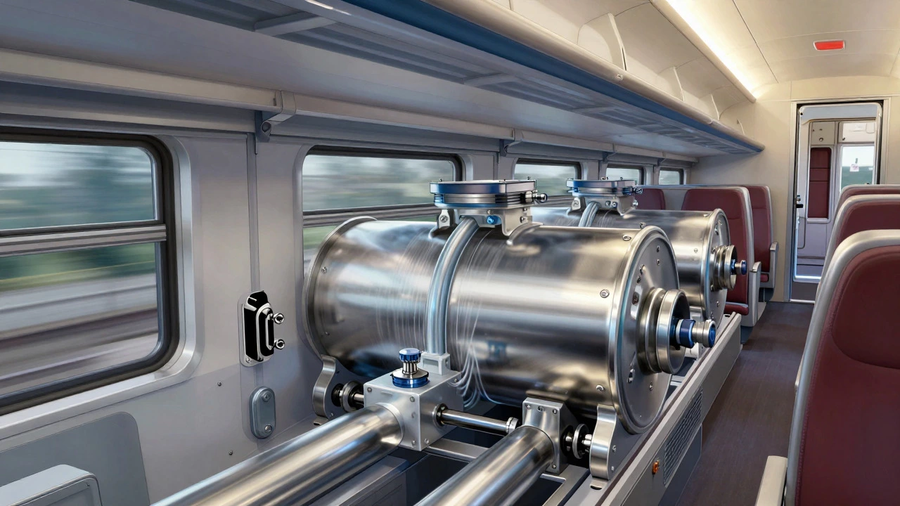 Cutaway view showing the vacuum system and holding tanks inside a train carriage floor
