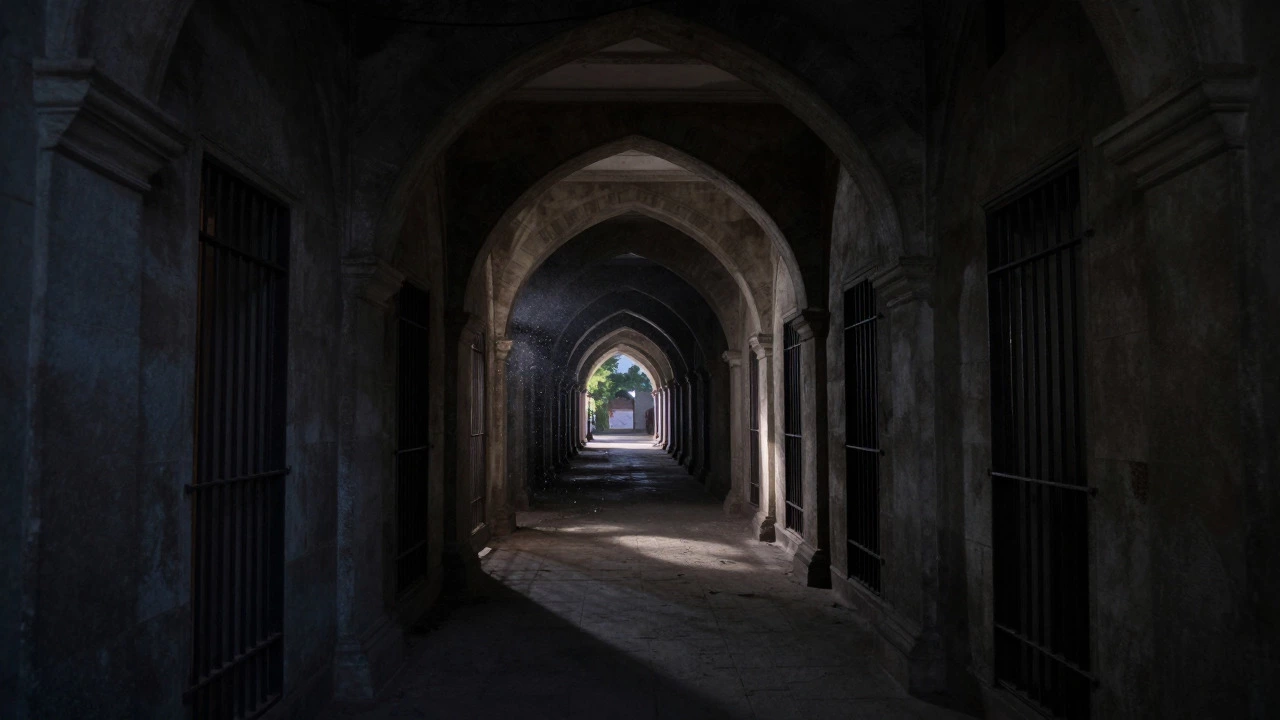 Dark, atmospheric corridor of cellular jail cells in Port Blair, Andaman Islands