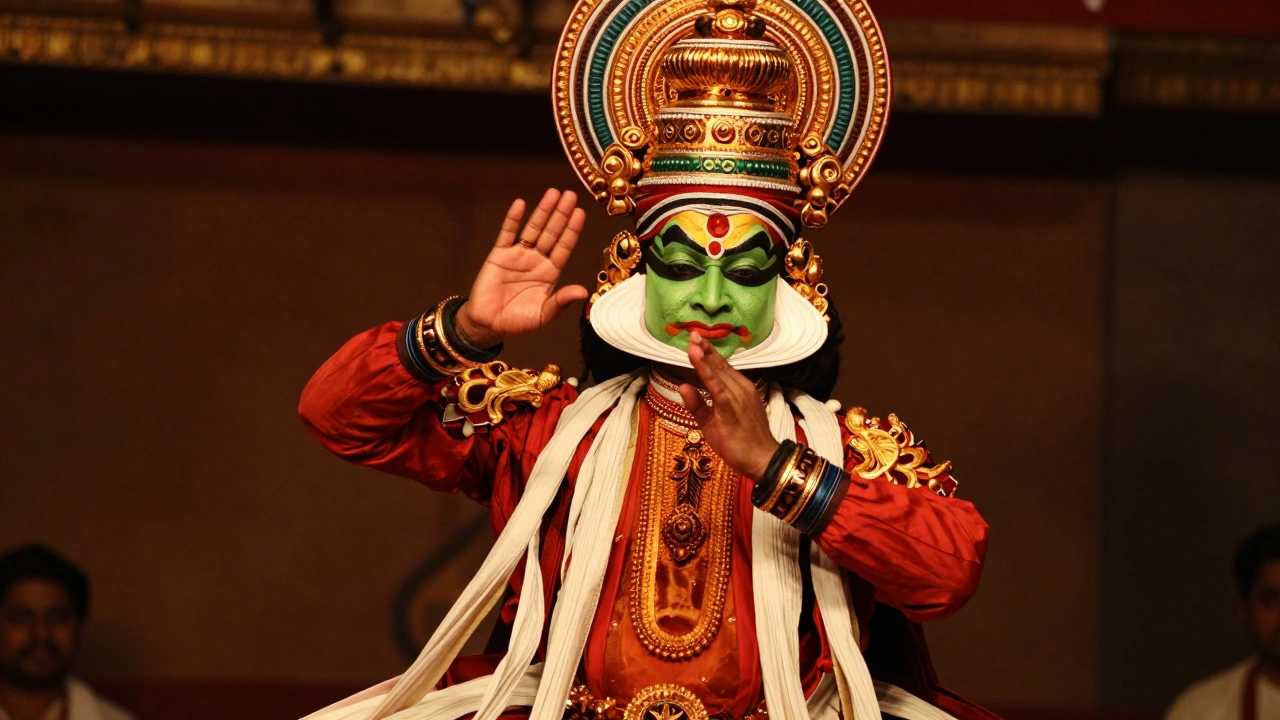 Kathakali dancer performing with vibrant makeup under warm stage lights