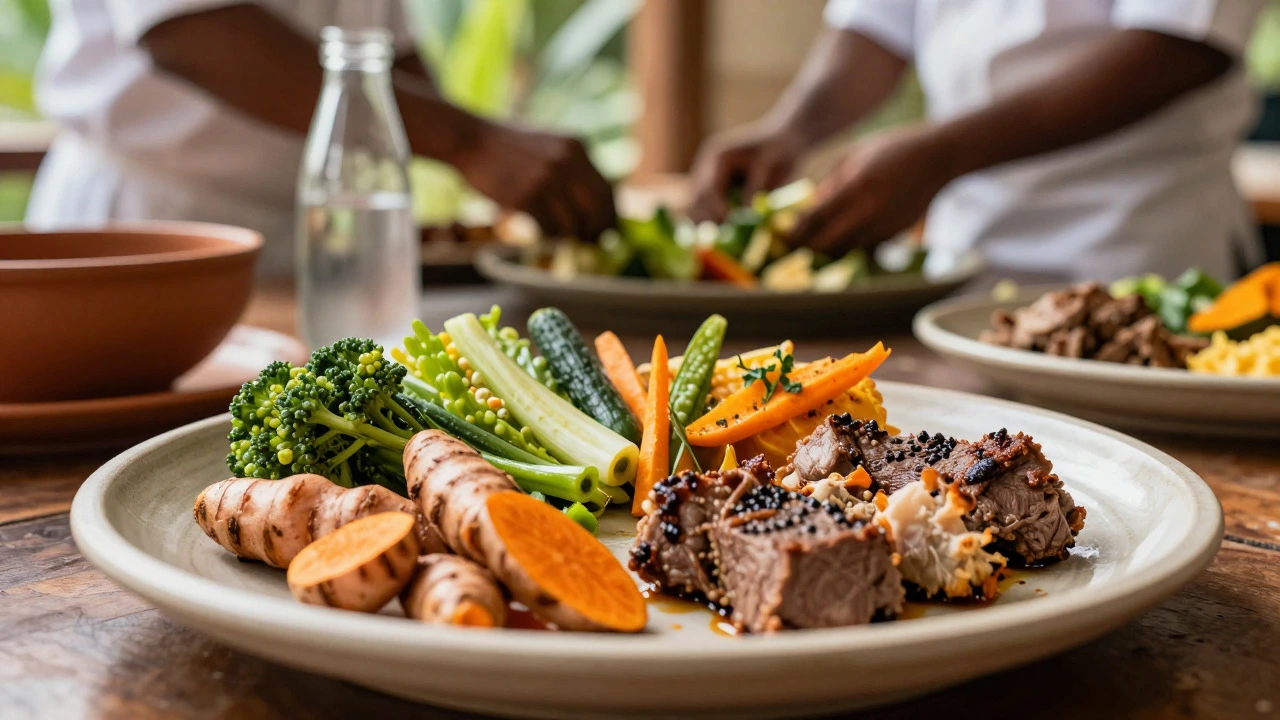 Local zero-waste meal on ceramic plate at eco-resort