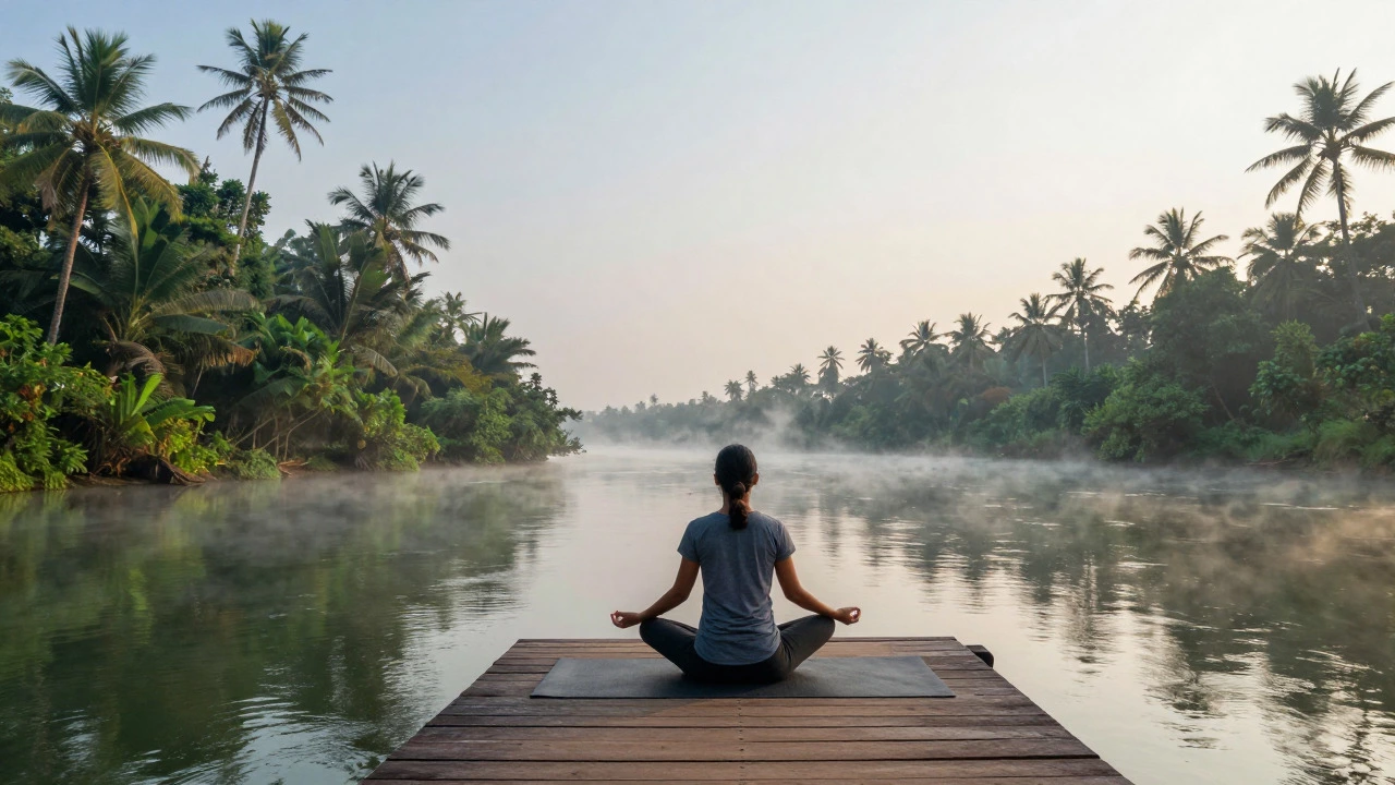 Person doing yoga on a platform over misty backwaters at sunrise