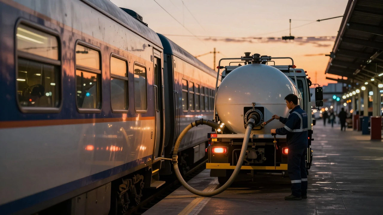 Sanitation truck connecting to a luxury train's waste port at a station during sunset