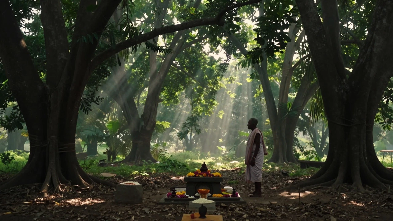 Santhal elder standing reverently in a sacred Sarna grove surrounded by tall trees.