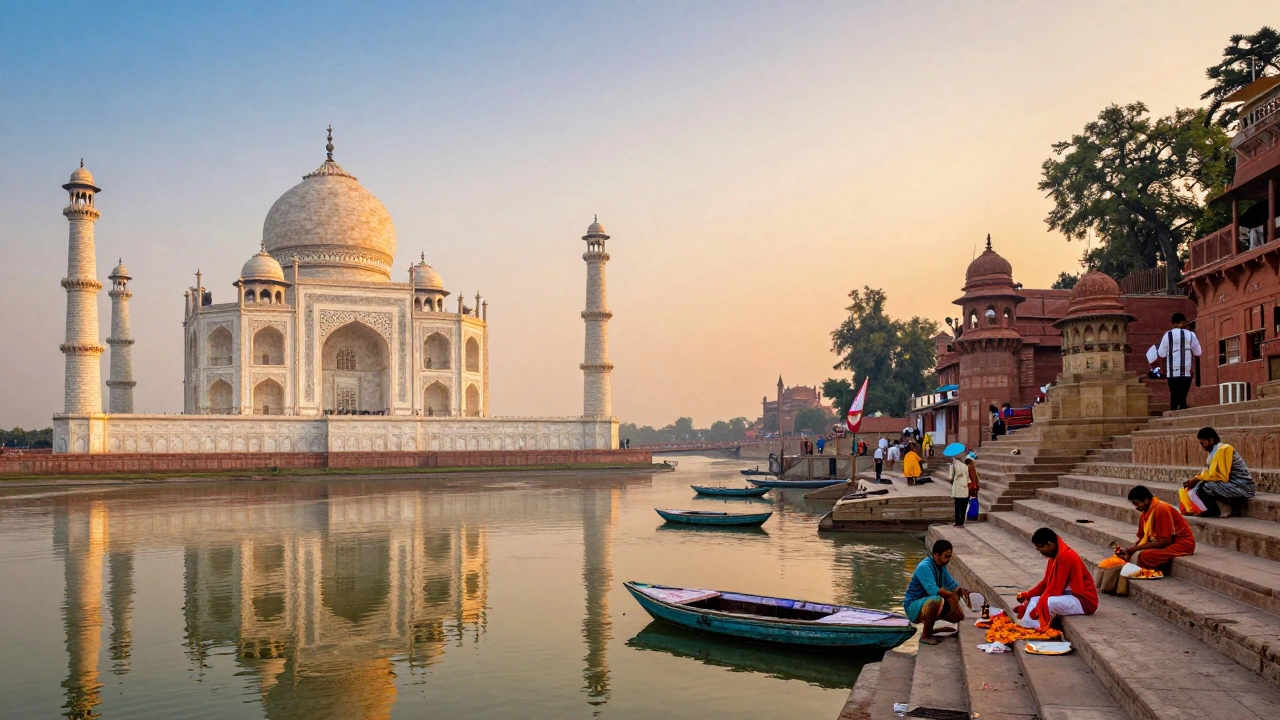 Split view comparing Taj Mahal serenity with Varanasi ghats activity