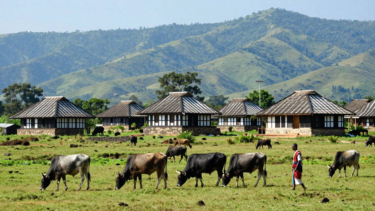 Traditional Toda striped houses and grazing cattle in the Nilgiri Hills, India.