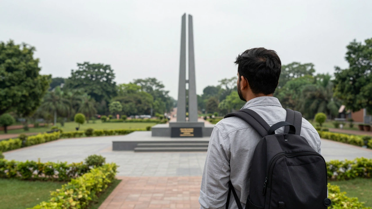 Visitor reflecting at the Bhopal Gas Tragedy Memorial under an overcast sky