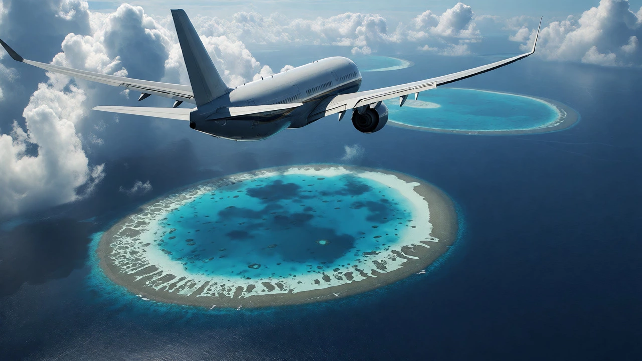 Airplane flying over Maldivian atolls in Indian Ocean