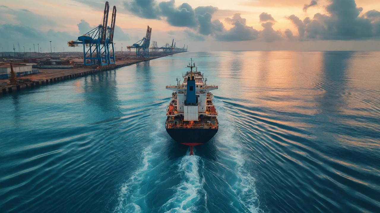 Cargo ship departing Thoothukudi port into Indian Ocean