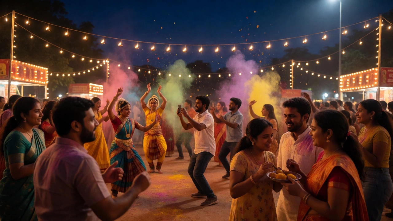 Crowd celebrating a festival with oil lamps and colored powders, showcasing diverse cultural unity