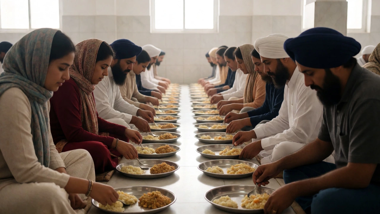 Diverse group eating together on the floor inside a Sikh Gurdwara Langar community kitchen.