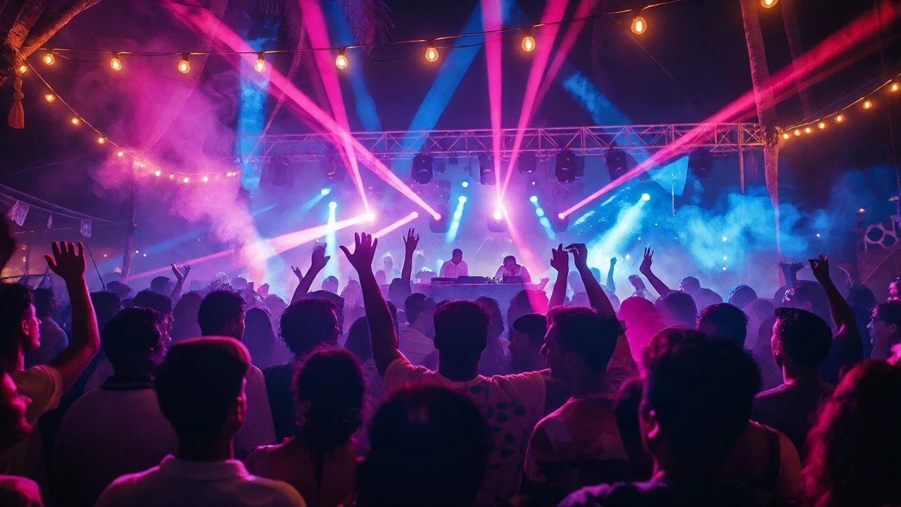 Energetic nighttime beach club party with neon lights and dancing crowds.