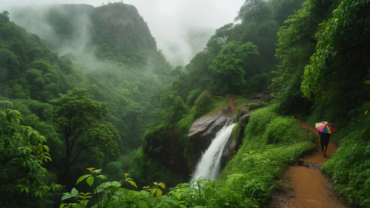 Lush green monsoon trail in Western Ghats with waterfall and misty valley views