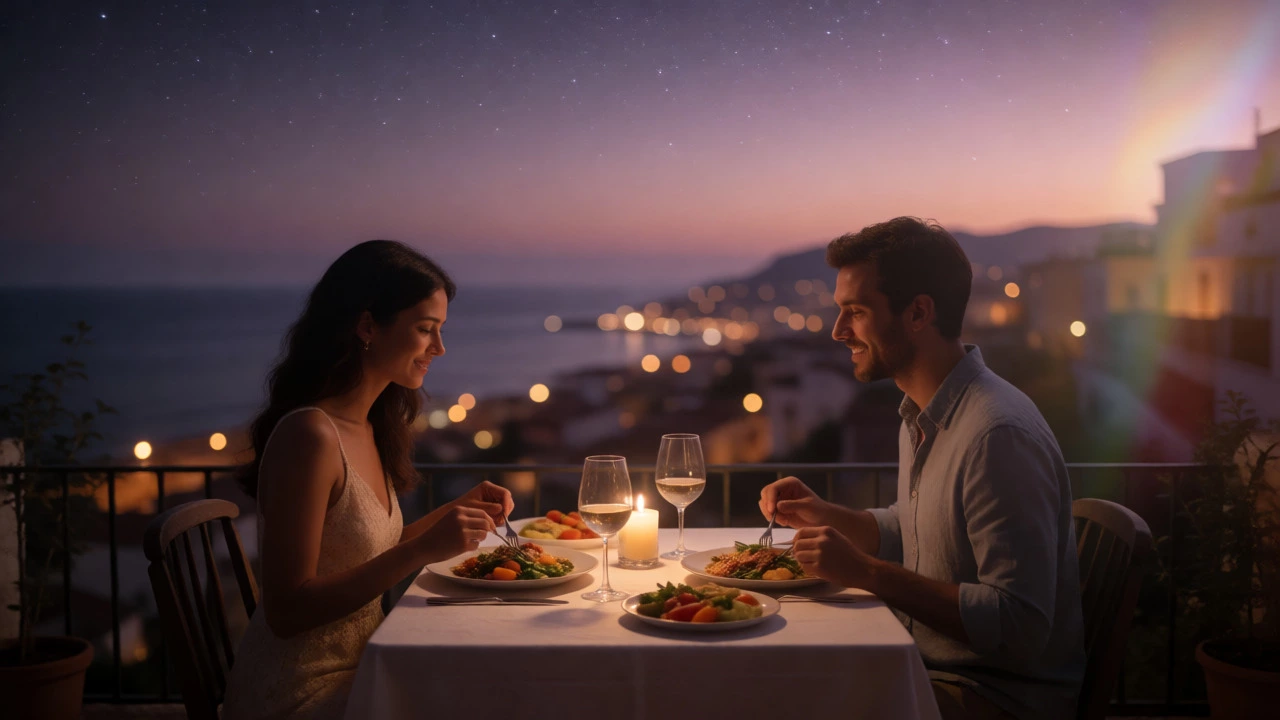 Romantic balcony dinner with coastal city view
