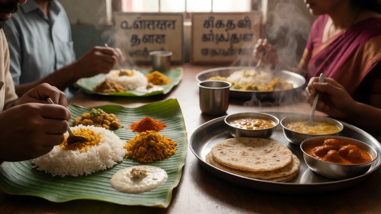 Split view of South Indian banana leaf meal and North Indian metal thali highlighting culinary differences