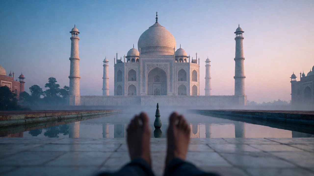 Traveler removing shoes before entering the Taj Mahal in Agra during a misty sunrise.