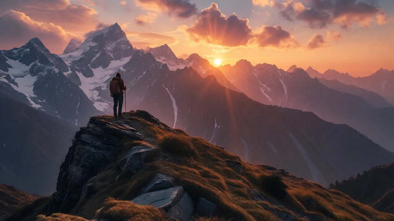 Trekker on Triund ridge watching sunset over the Dhauladhar mountain range