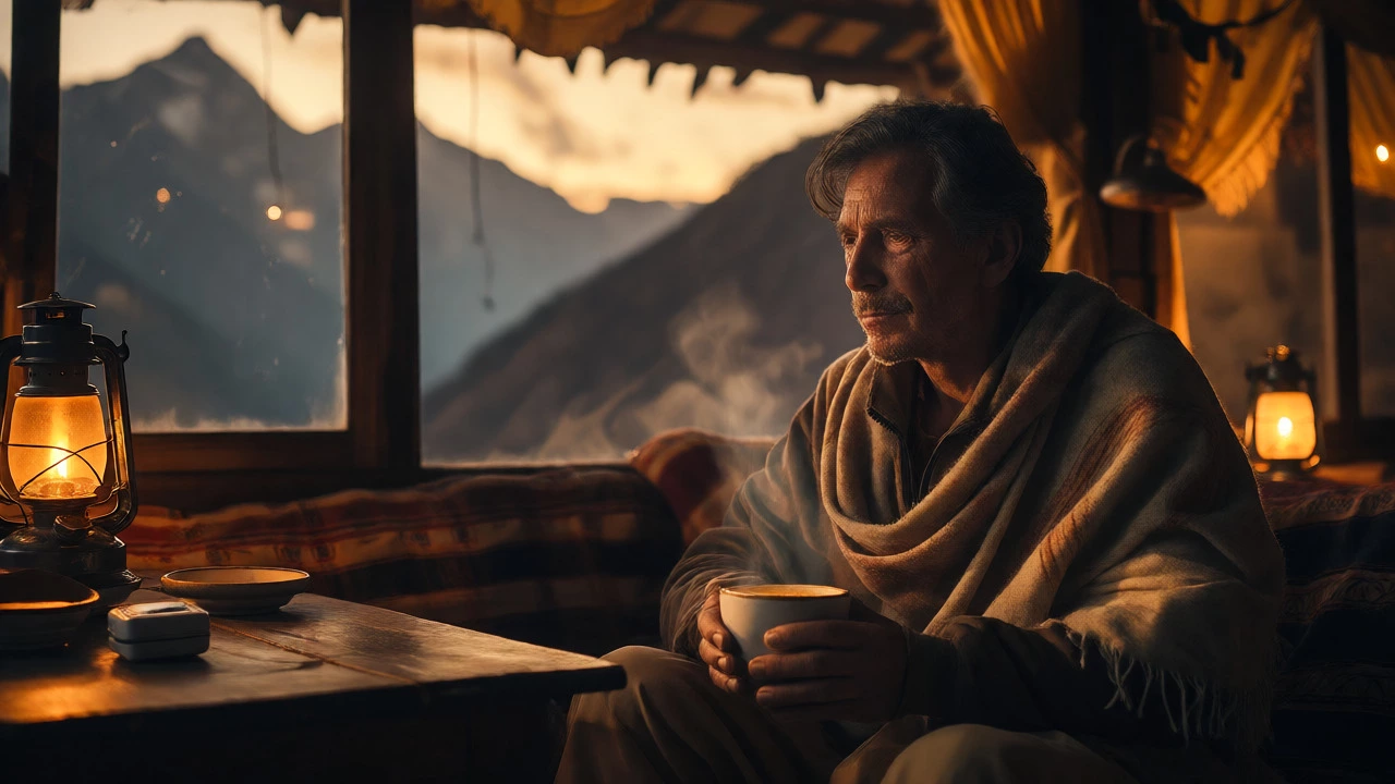 Weary trekker drinking warm tea in hill station teahouse