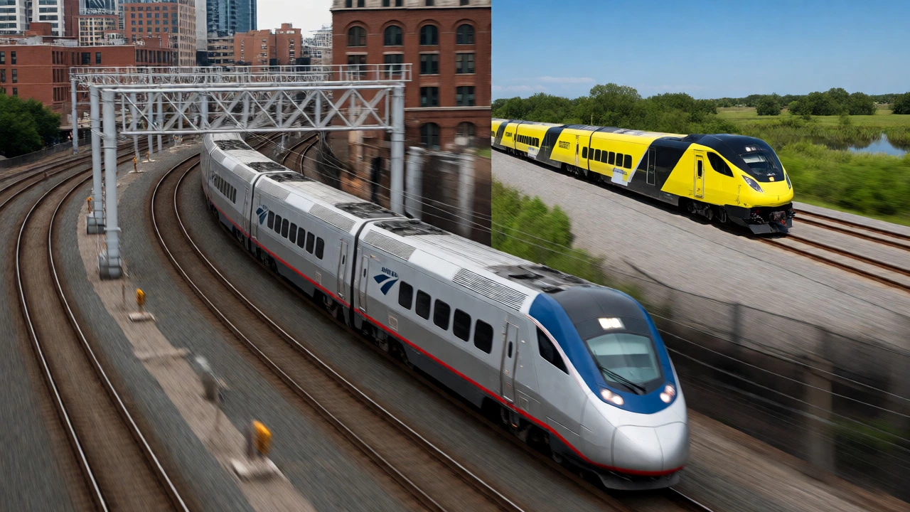 Acela train in urban Northeast corridor versus Brightline train in sunny Florida landscape.