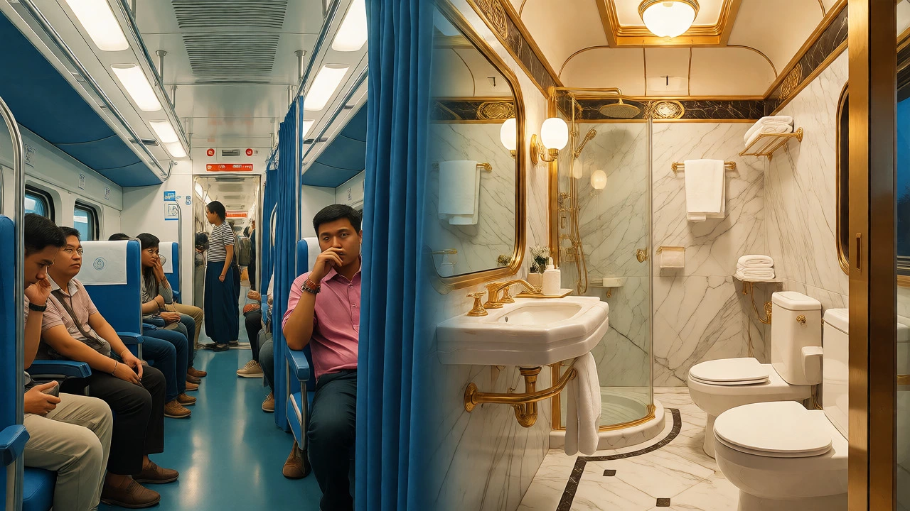 Artistic comparison between a standard shared train berth and a luxury train's private bathroom.