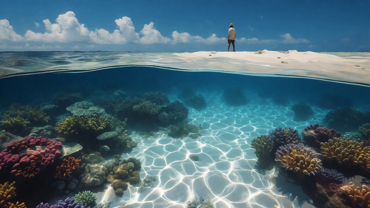 Clear waters of Lakshadweep with visible coral reefs and white sand