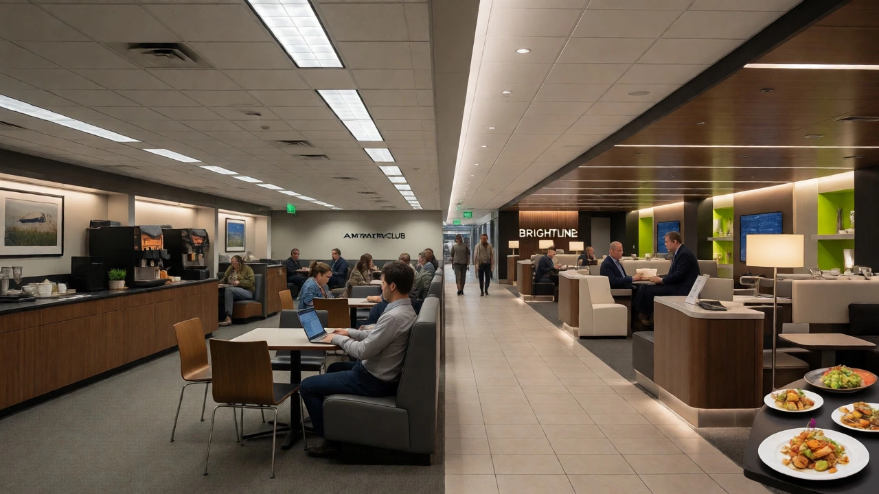 Contrast between utilitarian Amtrak lounge and luxurious Brightline hospitality station.